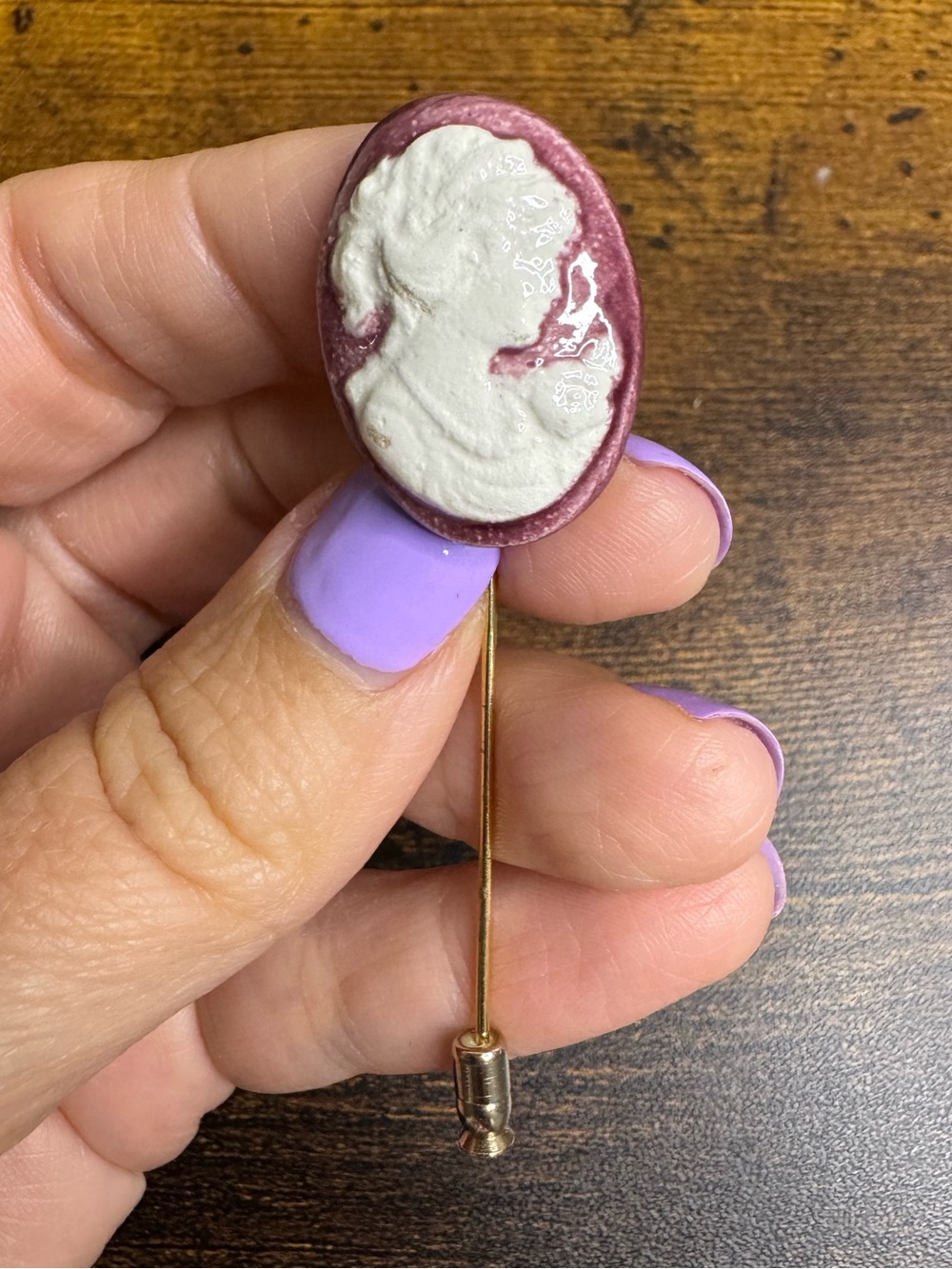 Vintage Ceramic Pink Cameo Stick Hat Pin